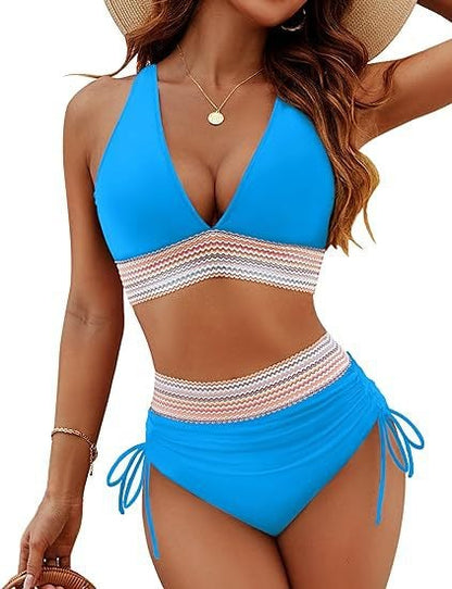 ⏳2025 High Waisted Tummy Control Color Block Bikini Sets