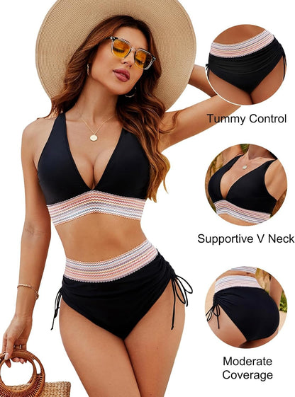 ⏳2025 High Waisted Tummy Control Color Block Bikini Sets