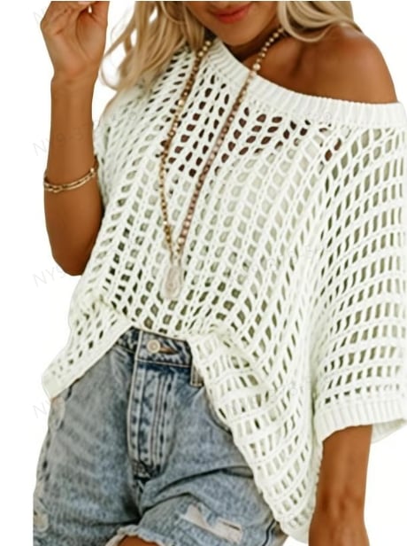 🎁2025 New Hot Sale- Womens Summer Scoop Neck Short Sleeve Sweater Casual Crochet Hollow Out Knit Tops Pullover Shirts Beach Coverup
