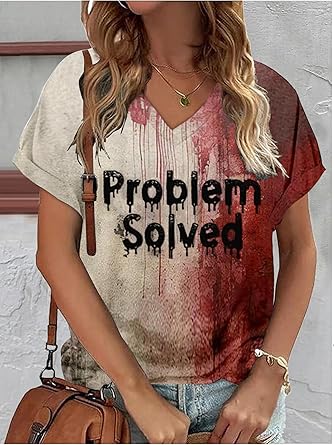 Women's Bloody Problem Solved Halloween Print V-Neck T-Shirt