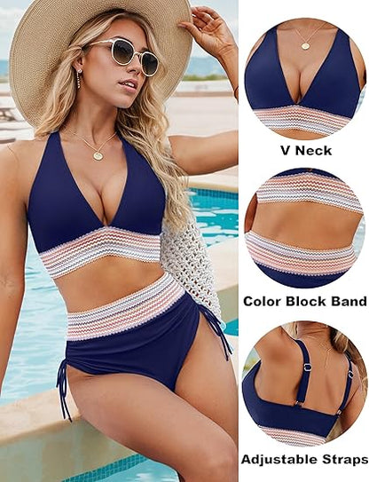 ⏳2025 High Waisted Tummy Control Color Block Bikini Sets