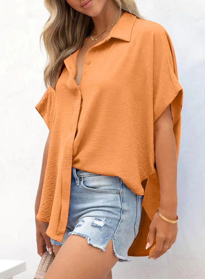 🧥Women's Casual Button Short Sleeve Slit Hem Shirt Solid Color Tops