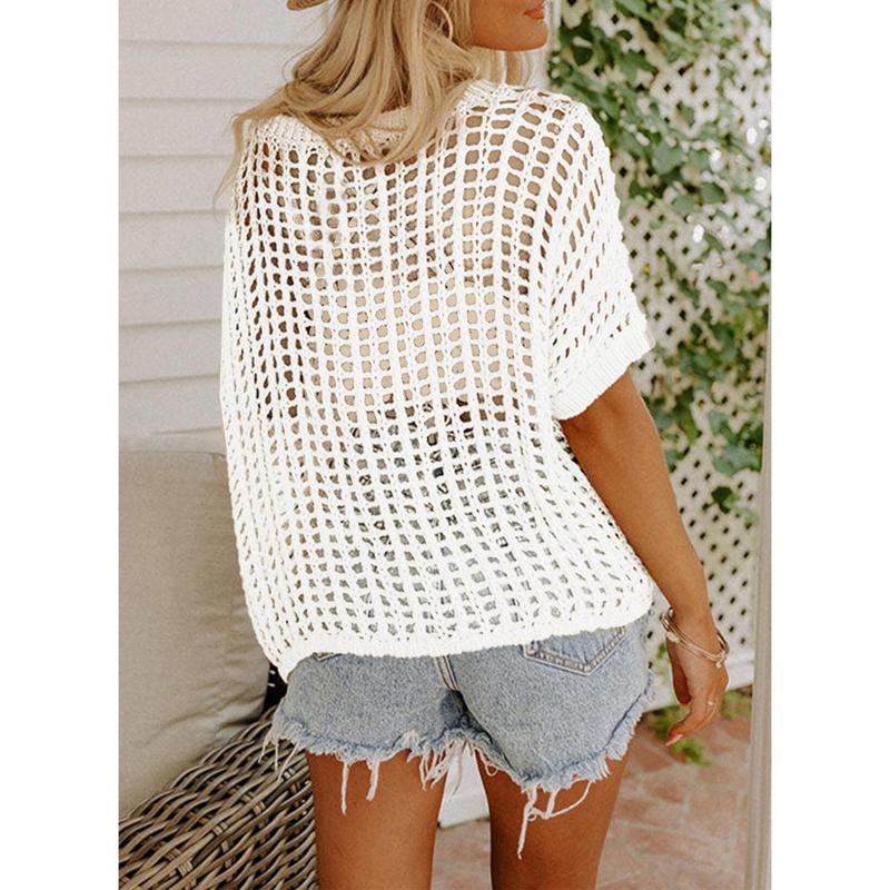 🎁2025 New Hot Sale- Womens Summer Scoop Neck Short Sleeve Sweater Casual Crochet Hollow Out Knit Tops Pullover Shirts Beach Coverup